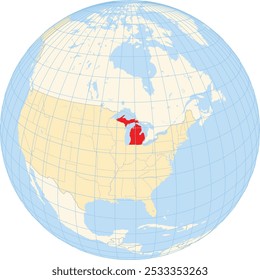 Symbol Map of the State Michigan (United States of America) showing the earth globe with the highlighted state