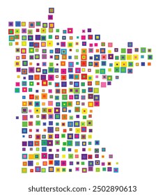 Symbol Map of the State Minnesota (United States of America) showing the state with a pattern of overlapping colorful squares like candies