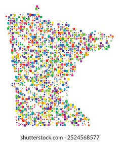 Symbol Map of the State Minnesota (United States of America) showing the state with a pattern of randomly distributed colorful squares of different sizes