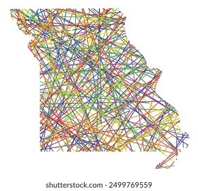 Symbol Map of the State Missouri (United States of America) showing the state with colored, crossing lines like Mikado Sticks or a spider web