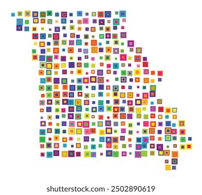 Symbol Map of the State Missouri (United States of America) showing the state with a pattern of overlapping colorful squares like candies