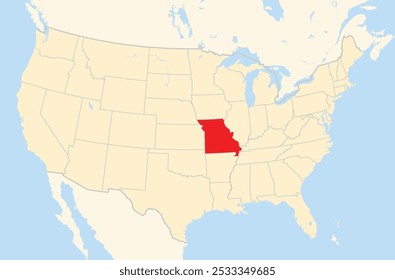 Symbol Map of the State Missouri (United States of America) showing the Contiguous United States with the highlighted state