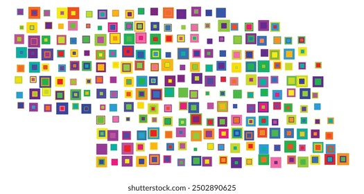 Symbol Map of the State Nebraska (United States of America) showing the state with a pattern of overlapping colorful squares like candies