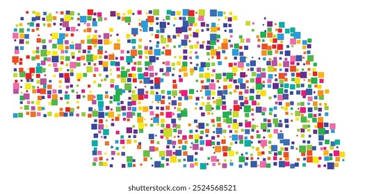 Symbol Map of the State Nebraska (United States of America) showing the state with a pattern of randomly distributed colorful squares of different sizes