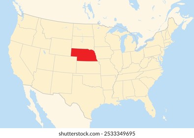 Symbol Map of the State Nebraska (United States of America) showing the Contiguous United States with the highlighted state