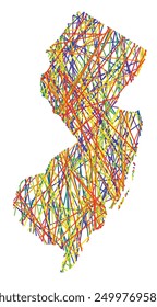 Symbol Map of the State New Jersey (United States of America) showing the state with colored, crossing lines like Mikado Sticks or a spider web