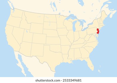 Mapa de símbolos do Estado de Nova Jersey (Estados Unidos da América) mostrando os Estados Unidos contíguos com o estado destacado