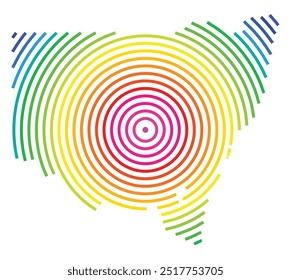 Mapa de símbolos do Estado de Nova Gales do Sul (Austrália) mostrando o território com círculos concêntricos em cores arco-íris