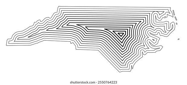 Mapa simbólico del estado de Carolina del Norte (Estados Unidos de América) que muestra la frontera estatal amortiguada en el interior con líneas estrechas negras