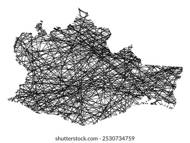 Symbol Map of the State Oaxaca (Mexico) showing the state with black, crossing lines like Mikado Sticks or a spider web