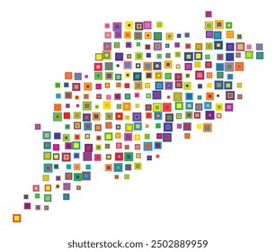 Symbol Map of the State Odisha (India) showing the territory with a pattern of overlapping colorful squares like candies