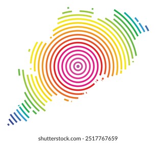 Mapa simbólico del estado de Orissa (India) que muestra el territorio con círculos concéntricos en colores del arco iris