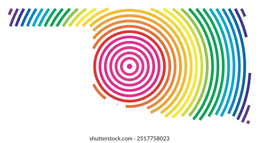 Mapa de símbolos do estado de Oklahoma (Estados Unidos da América) mostrando o estado com círculos concêntricos nas cores do arco-íris