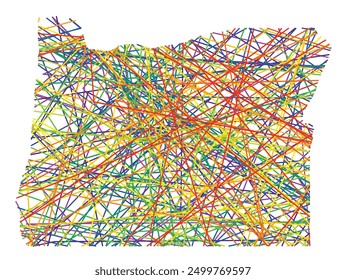 Symbol Map of the State Oregon (United States of America) showing the state with colored, crossing lines like Mikado Sticks or a spider web