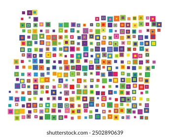 Symbol Map of the State Oregon (United States of America) showing the state with a pattern of overlapping colorful squares like candies