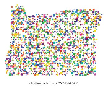 Symbol Map of the State Oregon (United States of America) showing the state with a pattern of randomly distributed colorful squares of different sizes