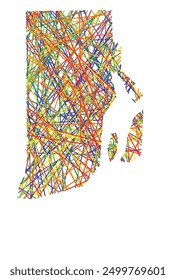 Symbol Map of the State Rhode Island (United States of America) showing the state with colored, crossing lines like Mikado Sticks or a spider web