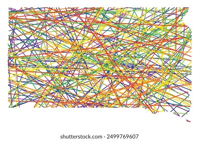 Mapa simbólico del estado de Dakota del Sur (Estados Unidos de América) que muestra el estado con líneas cruzadas de colores como Mikado Sticks o un Web de araña