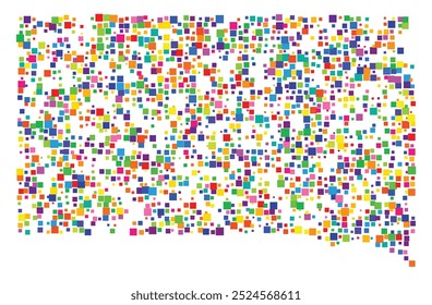 Symbol Map of the State South Dakota (United States of America) showing the state with a pattern of randomly distributed colorful squares of different sizes