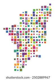 Mapa simbólico del estado de Tamil Nadu (India) que muestra el territorio con un patrón de cuadrados coloridos superpuestos como caramelos