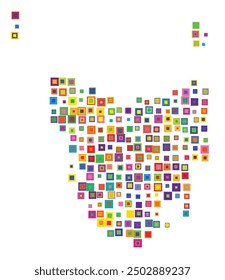 Symbol Map of the State Tasmania (Australia) showing the territory with a pattern of overlapping colorful squares like candies