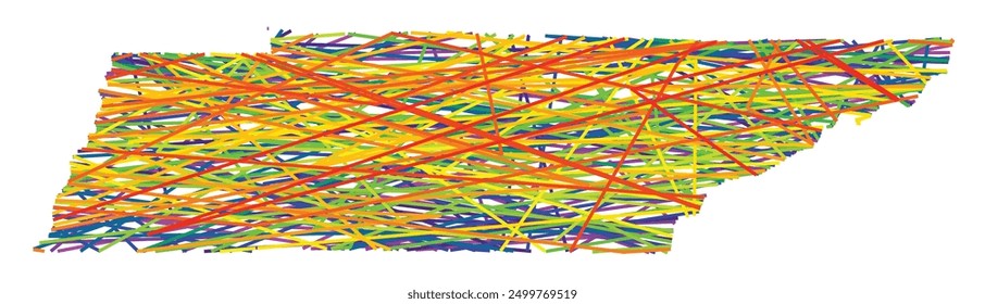 Symbol Map of the State Tennessee (United States of America) showing the state with colored, crossing lines like Mikado Sticks or a spider web