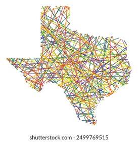 Symbol Map of the State Texas (United States of America) showing the state with colored, crossing lines like Mikado Sticks or a spider web