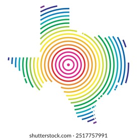 Mapa de símbolos do estado do Texas (Estados Unidos da América) mostrando o estado com círculos concêntricos nas cores do arco-íris