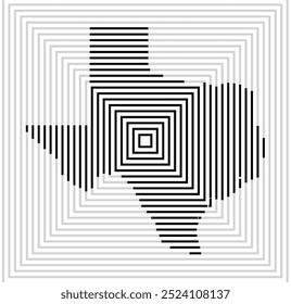 Symbolkarte des Bundesstaates Texas (Vereinigte Staaten von Amerika), die den Bundesstaat mit einer Reihe von schwarzen quadratischen Linien auf weißem Hintergrund zeigt