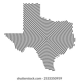 Symbol Map of the State Texas (United States of America) showing the state with a series of circular black lines on white background