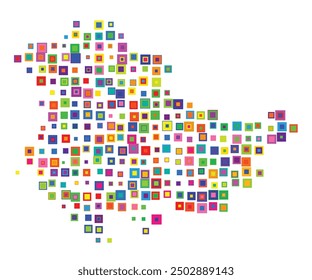 Mapa simbólico del estado de Turingia (Alemania) que muestra el Bundesland con un patrón de cuadrados coloridos superpuestos como caramelos