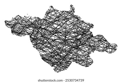 Symbolkarte des Bundesstaates Tlaxcala (Mexiko), die den Bundesstaat mit schwarzen, sich kreuzenden Linien wie Mikado Sticks oder einem Spinnennetz zeigt