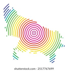 Symbolkarte des Bundesstaates Uttar Pradesh (Indien) mit konzentrischen Kreisen in Regenbogenfarben