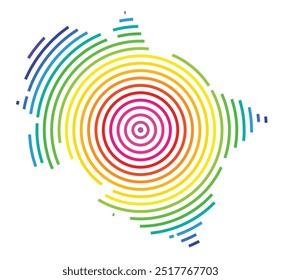 Symbolkarte des Bundesstaates Uttarakhand (Indien) mit konzentrischen Kreisen in Regenbogenfarben