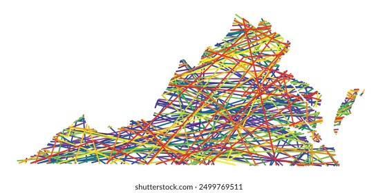 Symbol Map of the State Virginia (United States of America) showing the state with colored, crossing lines like Mikado Sticks or a spider web