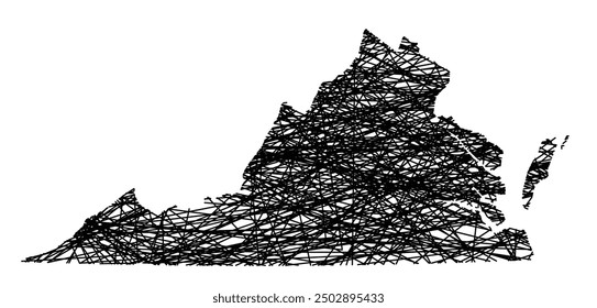 Mapa simbólico del estado de Virginia (Estados Unidos de América) que muestra el estado con líneas negras y cruzadas como Mikado Sticks o un Web de araña