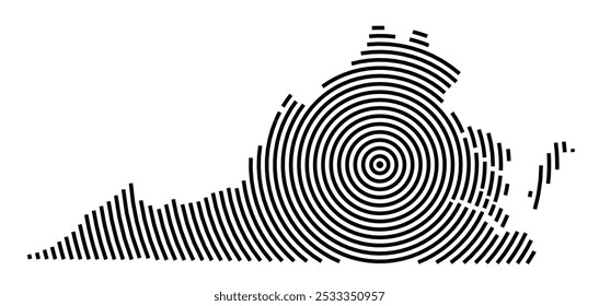 Symbol Map of the State Virginia (United States of America) showing the state with a series of circular black lines on white background