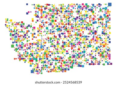 Mapa de símbolos do Estado de Washington (Estados Unidos da América) mostrando o estado com um padrão de quadrados coloridos distribuídos aleatoriamente de diferentes tamanhos