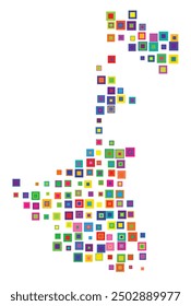 Symbol Map of the State West Bengal (India) showing the territory with a pattern of overlapping colorful squares like candies