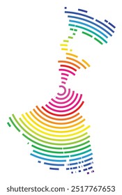 Mapa simbólico del estado de Bengala Occidental (India) que muestra el territorio con círculos concéntricos en colores del arco iris