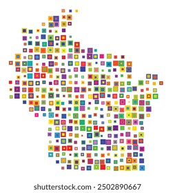 Symbol Map of the State Wisconsin (United States of America) showing the state with a pattern of overlapping colorful squares like candies