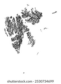 Mapa de Símbolos do Território Svalbard (Noruega) mostrando o estado com linhas pretas cruzando, como Vara Mikado ou teia de aranha