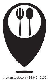 
símbolo o marca Punto de facturación para el mapa. Cuchara y tenedor de patrón blanco y negro. Monocromo. restaurante con aislado. fondo blanco y aislado