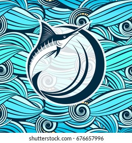 symbol of  marlin fish against the background of stylized sea waves