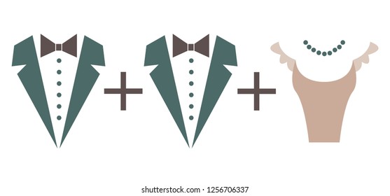 The symbol of marriage. Mathematical equation. Couple woman plus two men. Swedish family. Flat style vector.