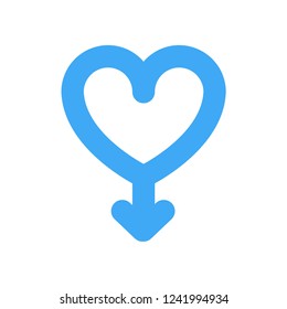 Symbol of Mars. Male Symbol icon. Vector style is flat iconic symbol with heart, blue color, white background.
