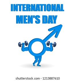 The symbol of Mars as a man and the text International men's day. Vector creative illustration. 3d concept. World men's day 19 November