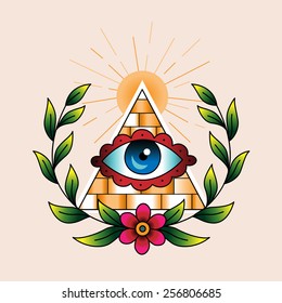 Symbol of the masons in laurel wreath. Traditional style color tattoo