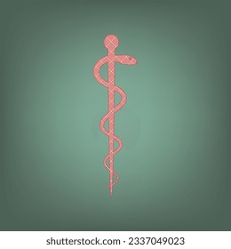 Symbol of the Medicine. Apricot Icon with Brick Red parquet floor graphic pattern on a Ebony background. Feldgrau. Green. Illustration.