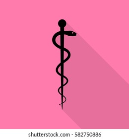 Symbol of the Medicine. Black icon with flat style shadow path on pink background.